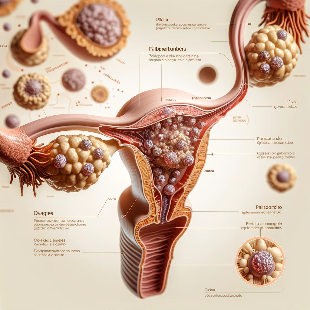 La imagen presenta una representación detallada y precisa del sistema reproductor femenino, con un enfoque en los ovarios, que se muestran con múltiples pequeños quistes para ilustrar la condición del SOP