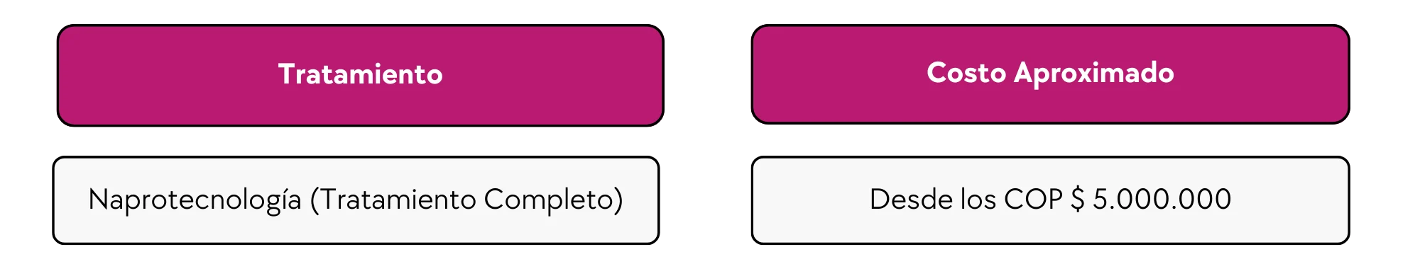 Tabla costo aproximado de la Naprotecnología