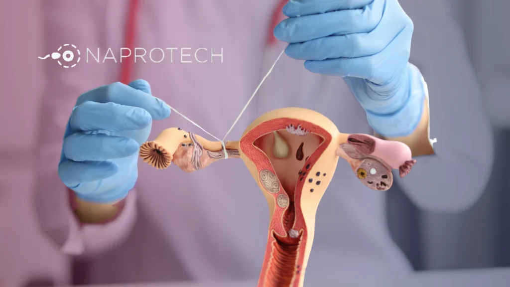 Profesional médico con guantes azules sosteniendo un modelo anatómico del aparato reproductor femenino para explicar causas de infertilidad y tratamientos naturales con enfoque Naprotech.