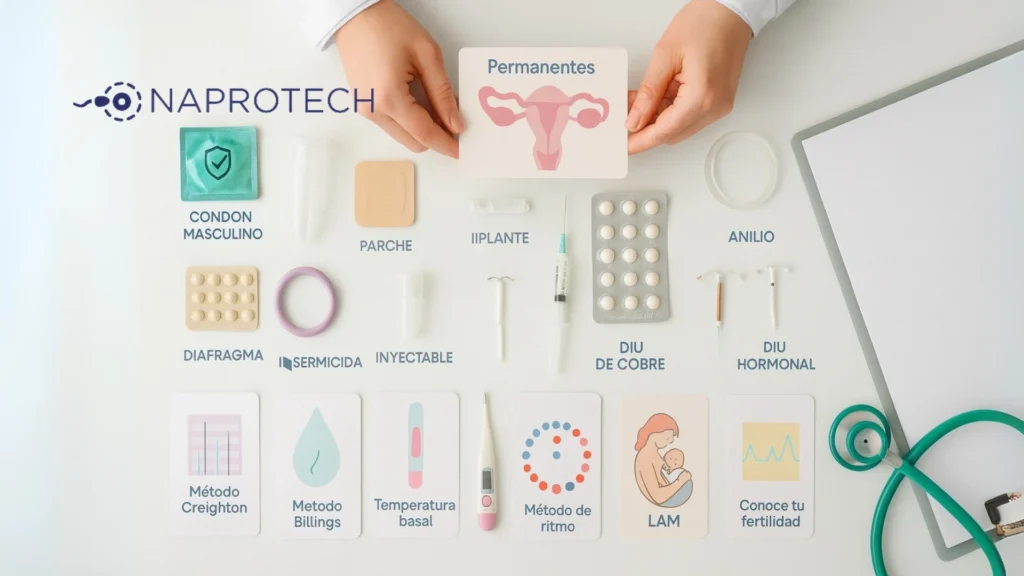 Imagen con diferentes métodos anticonceptivos, incluyendo hormonales, de barrera, naturales y permanentes, junto al logo de Naprotech, mostrando opciones y su relación con la fertilidad.
