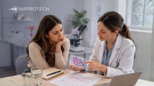 Doctora explicando una imagen relacionada con una citología alterada a una paciente durante consulta de fertilidad en Naprotech