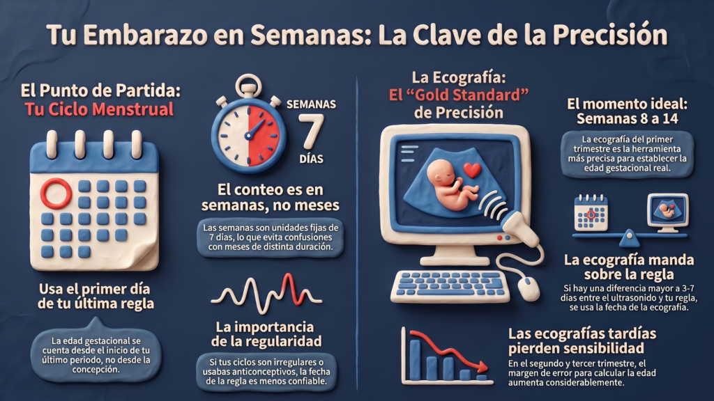 Infografía sobre cómo calcular la edad gestacional en semanas, explicando la importancia del ciclo menstrual y la ecografía temprana para determinar con precisión el embarazo.
