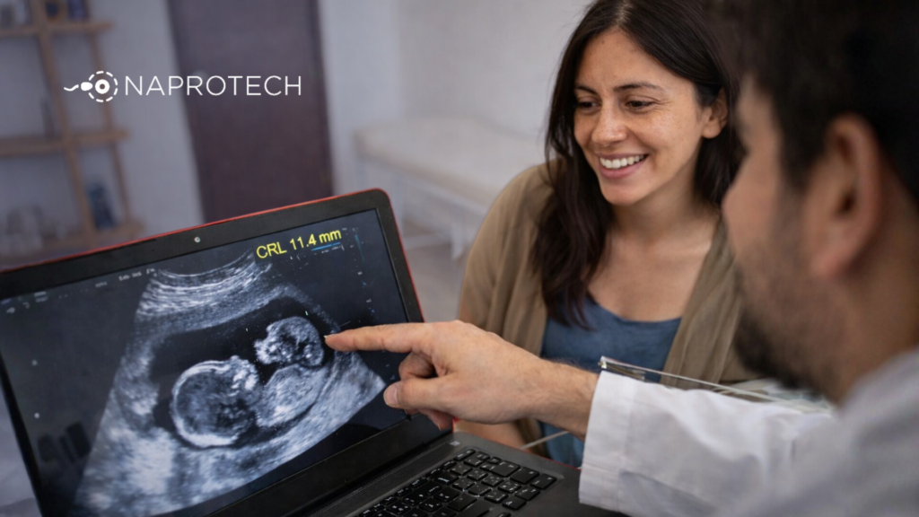 Doctor mostrando una ecografía de embarazo a una pareja durante consulta médica de fertilidad, mientras la paciente sonríe al ver la imagen del bebé junto al logo de Naprotech.