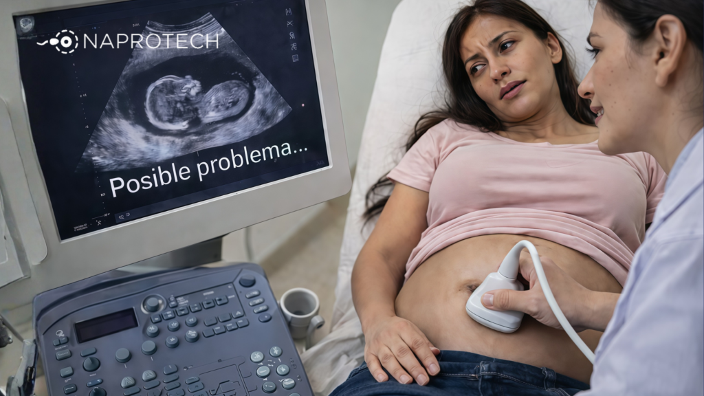 Paciente embarazada durante una ecografía médica observando un posible problema en el embarazo en la pantalla del ultrasonido, junto al logo de Naprotech